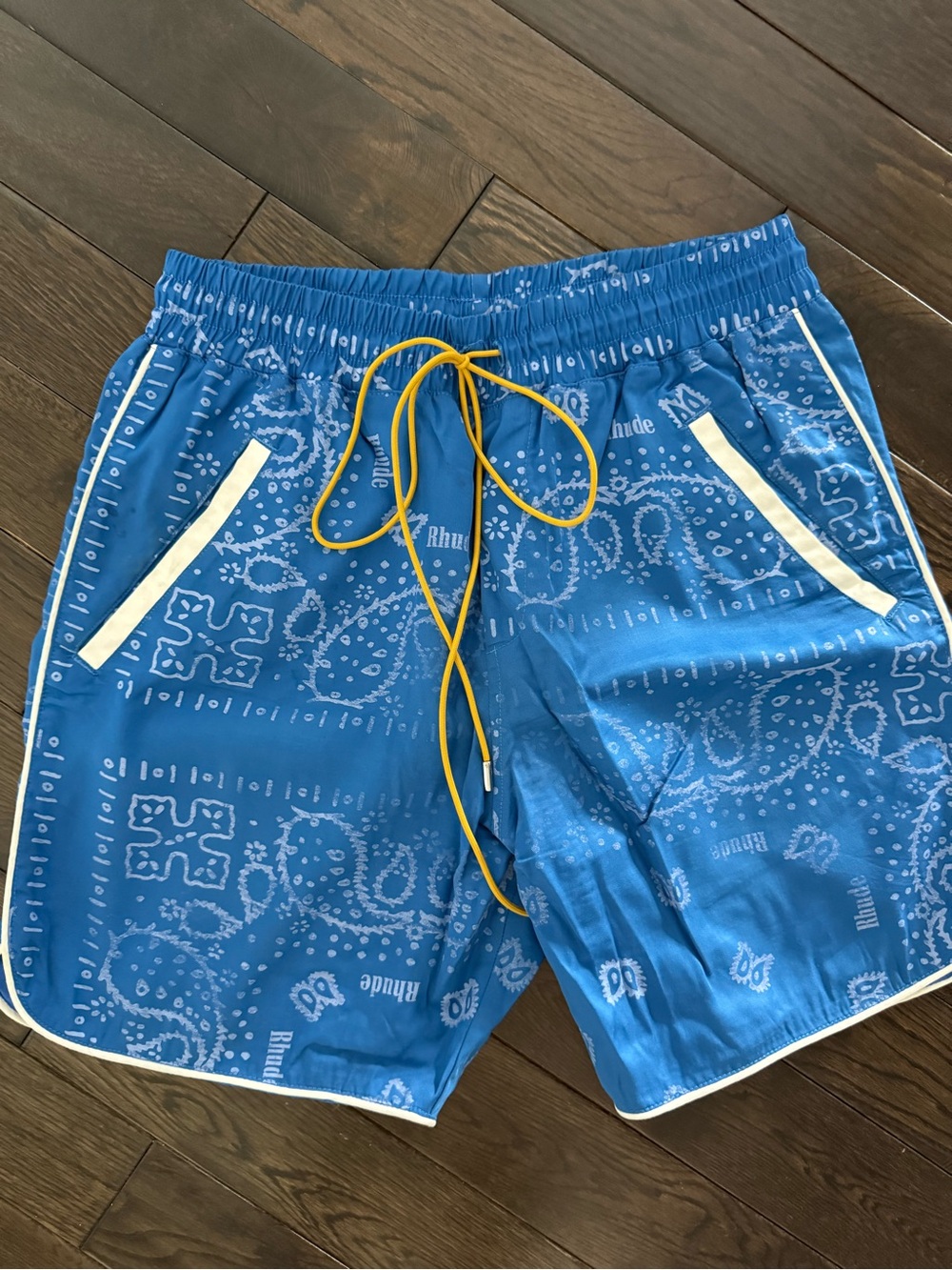 Rhude Blue Paisley Athletic Drawstring Shorts with Yellow Cord